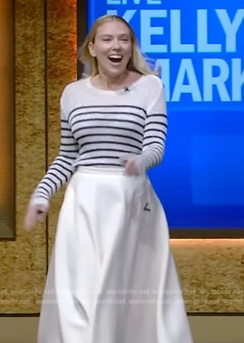 Scarlett Johansson’s white midi skirt on Live with Kelly and Mark