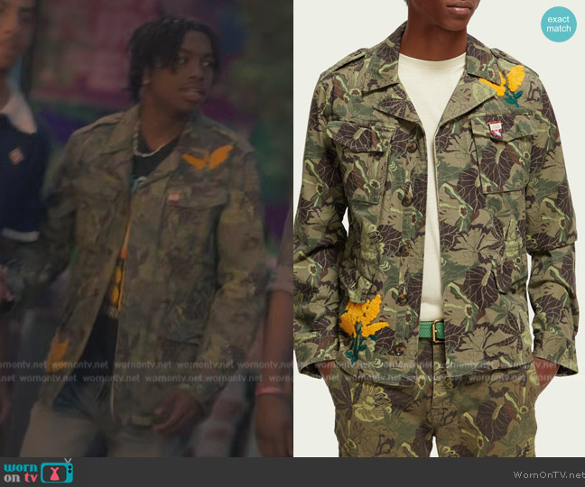 Scotch and Soda Embroidered printed army field jacket worn by Zeke (Ceyair J Wright) on Grown-ish