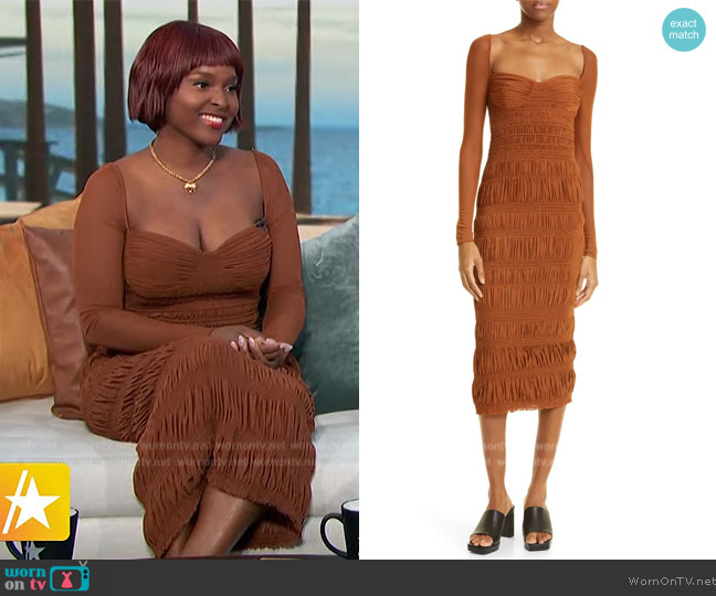 Self Portrait Caramel Smocked Shirred Body-Con Midi Dress worn by Antoinette Robertson on Access Hollywood