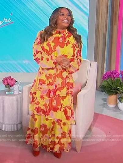 Sherri’s yellow floral print ruffle maxi dress on Sherri