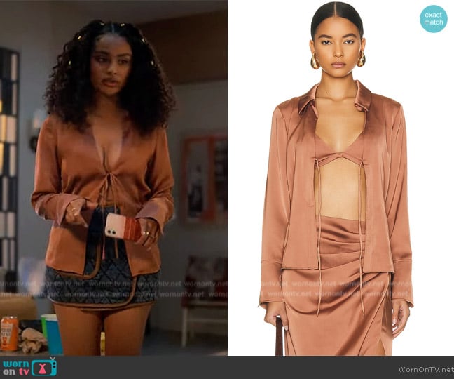 Simkhai Santana Long Sleeve Shirt Set worn by Kiela (Daniella Perkins) on Grown-ish