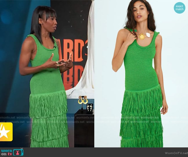 Simon Miller x Mango Knitted dress with fringe design worn by Zerina Akers on Access Hollywood