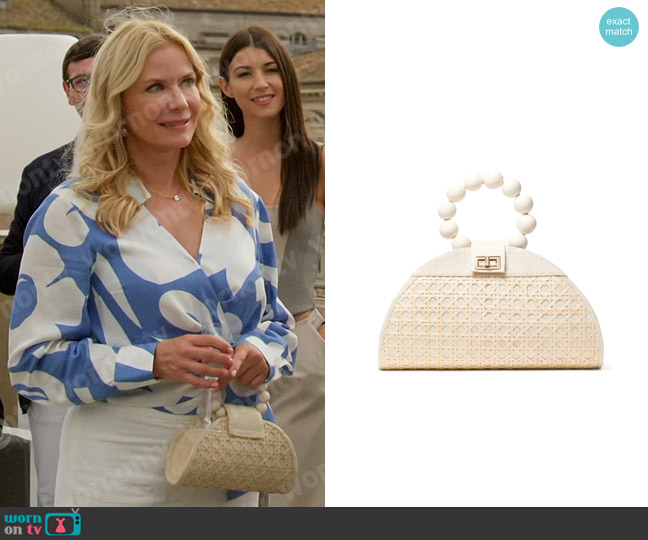 Soli & Sun The Bella White & Cream Rattan Woven Handbag worn by Brooke Logan (Katherine Kelly Lang) on The Bold and the Beautiful