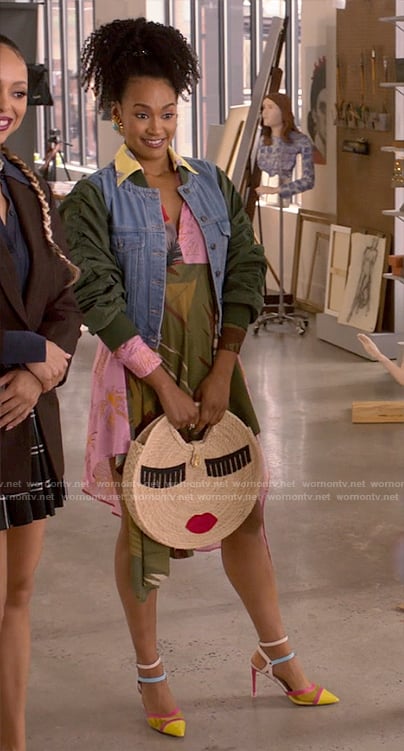 Sondi’s denim jacket with green ruched sleeves on Run the World