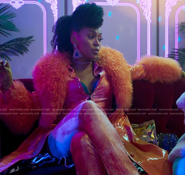Sondi’s orange fur collar coat on Run the World