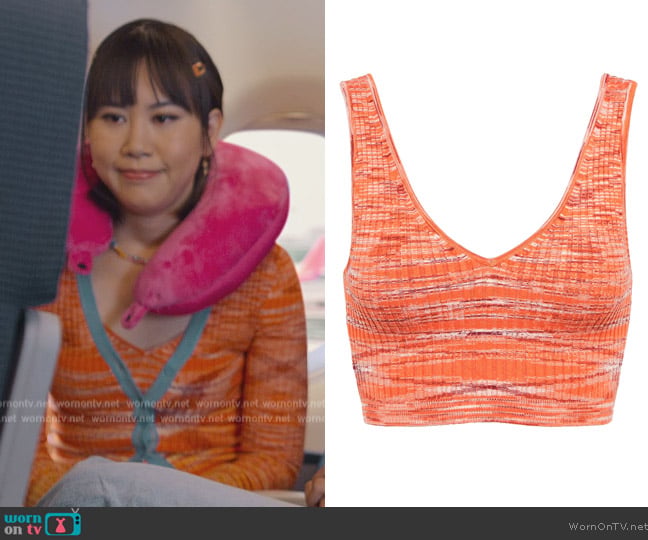 Hana space-dyed ribbed-knit crop top worn by Eleanor Wong (Ramona Young) on Never Have I Ever