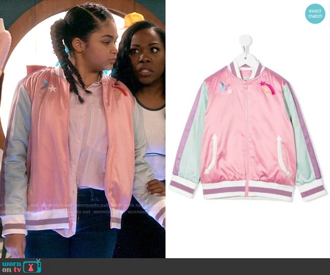Stella McCartney Kids Rainbow Embroidered Bomber Jacket worn by Millicent (Jaidyn Triplett) on iCarly