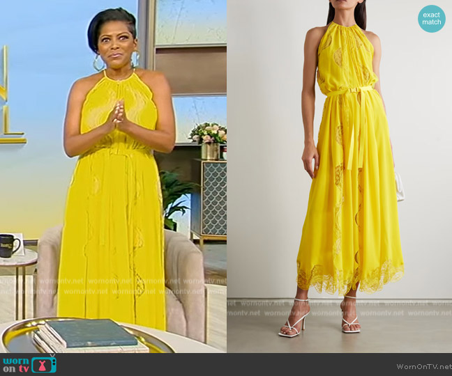 Tiffany belted silk-georgette and lace halterneck maxi dress worn by Tamron Hall on Tamron Hall Show