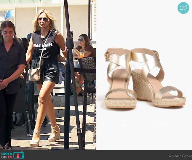 Stuart Weitzman Metallic leather espadrille wedge sandals worn by Tamra Judge on The Real Housewives of Orange County