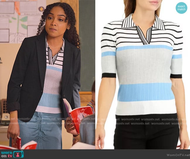 Tahari Color Block Collared Sweater worn by (Genneya Walton) on Never Have I Ever
