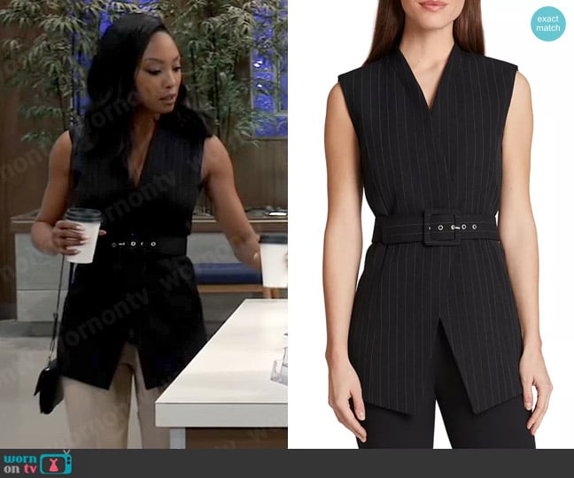 Tahari ASL Pinstripe Belted Vest worn by Jordan Ashford (Tanisha Mariko Harper) on General Hospital