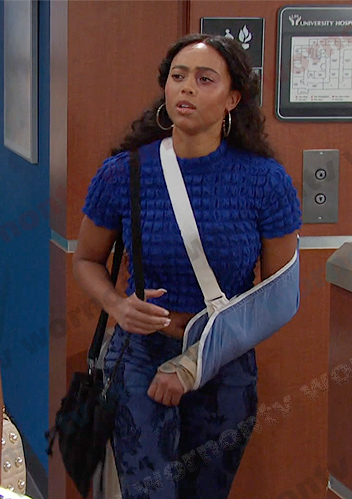 Talia’s blue waffle top and printed jeans on Days of our Lives