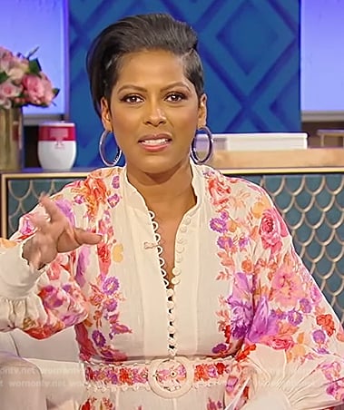 Tamron’s floral print belted dress on Tamron Hall Show