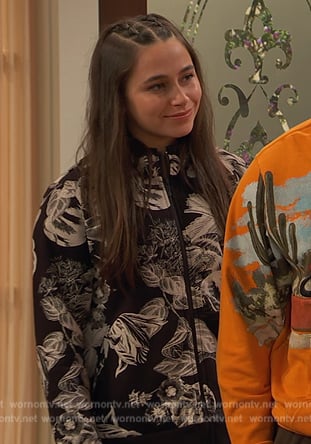 Tess’s black floral print jacket on Ravens Home
