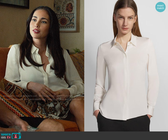 Theory Fitted Shirt in Silk Georgette worn by Ruby Gale (Priscilla Quintana) on Based on a True Story