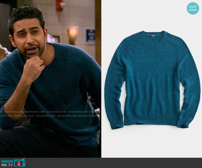 Todd Snyder Donegal Crewneck Sweater in Cornflower worn by Sid (Suraj Sharma) on How I Met Your Father