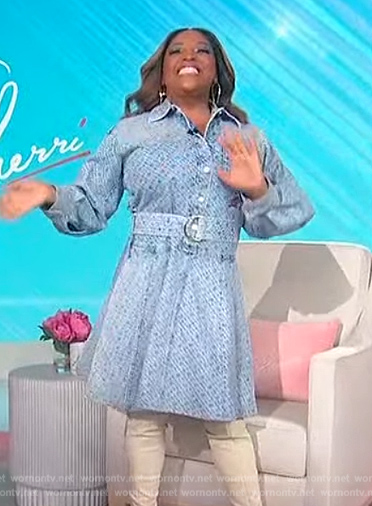 Sherri’s printed denim tie waist dress on Sherri