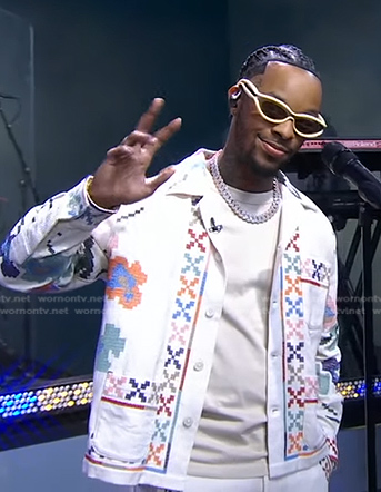 Toosii’s white embroidered shirt jacket and pants on Good Morning America