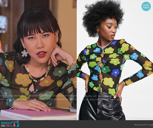 Topshop Floral print mesh long sleeve top in multi worn by Eleanor Wong (Ramona Young) on Never Have I Ever