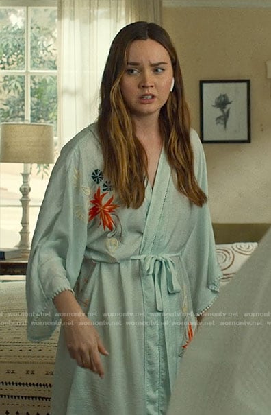 Tory’s mint floral embroidered robe on Based on a True Story