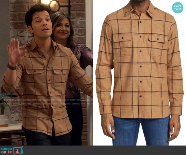 Treasure and Bond Grindle Flannel Shirt in Rust- Black Blanket Check worn by Freddie Benson (Nathan Kress) on iCarly