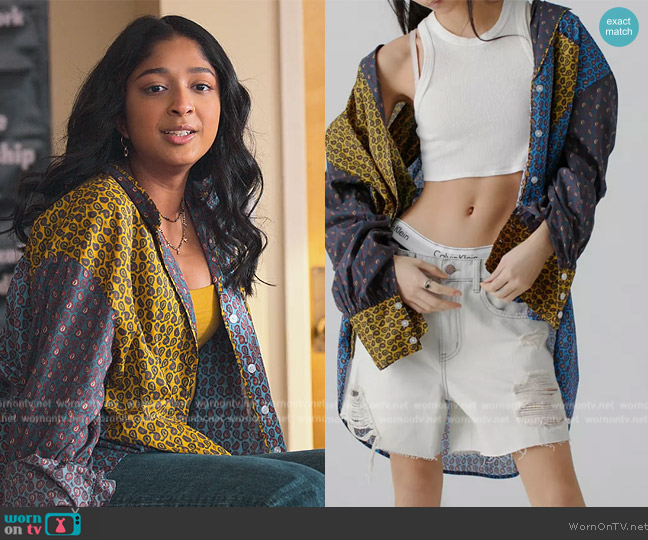 BDG Penny PJ Button-Down Oversized Shirt worn by Devi Vishwakumar (Maitreyi Ramakrishnan) on Never Have I Ever
