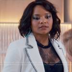 Venetia’s white blazer with black stitching on Glamorous