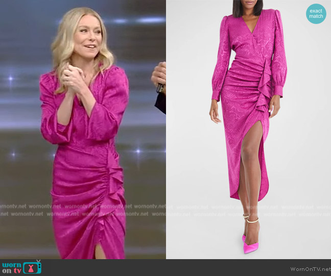Veronica Beard Weiss Printed Long Sleeve Ruffle Maxi Dress worn by Kelly Ripa on Live with Kelly and Mark