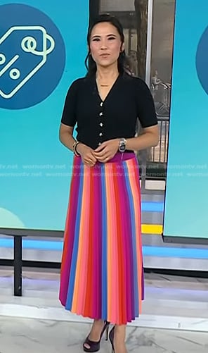 Vicky’s black star button cardigan and rainbow stripe skirt on Today