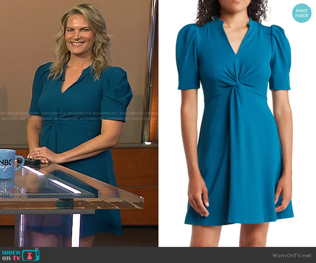 Vince Camuto Short Sleeve Twist Front Fit & Flare Dress in Teal worn by Emily West on Today