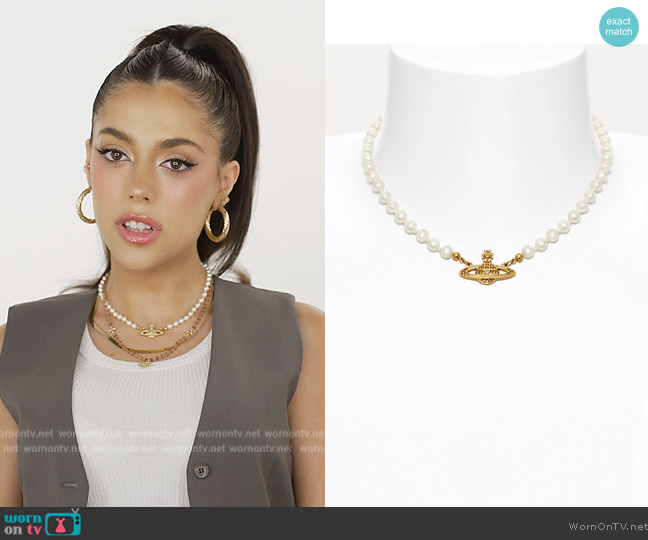 Vivienne Westwood Mini Bas Relief Pearl Choker Necklace worn by Sistine Stallone on The Family Stallone