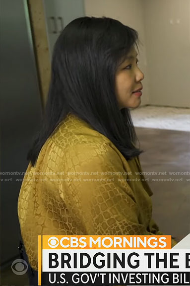 Weijia Jiang’s yellow croc print blouse on CBS Mornings