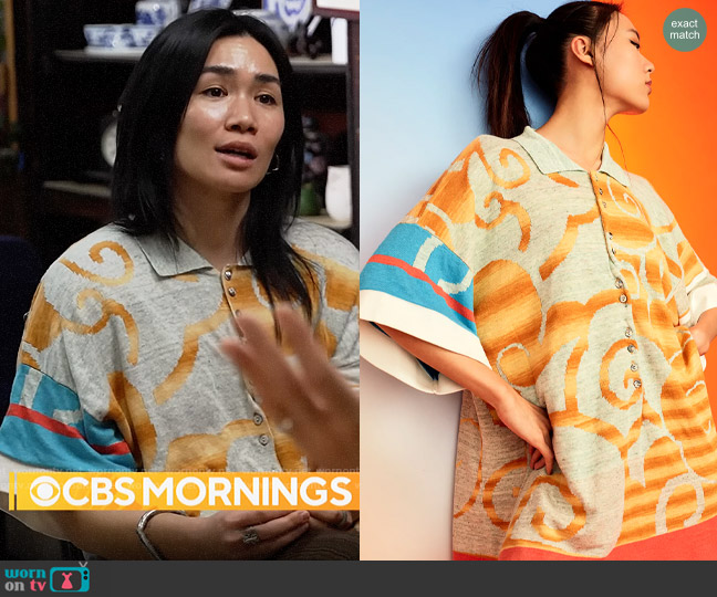 YanYan Cirrus Linen Giant Polo Shirtdress in Day worn by Mei Lum on CBS Mornings
