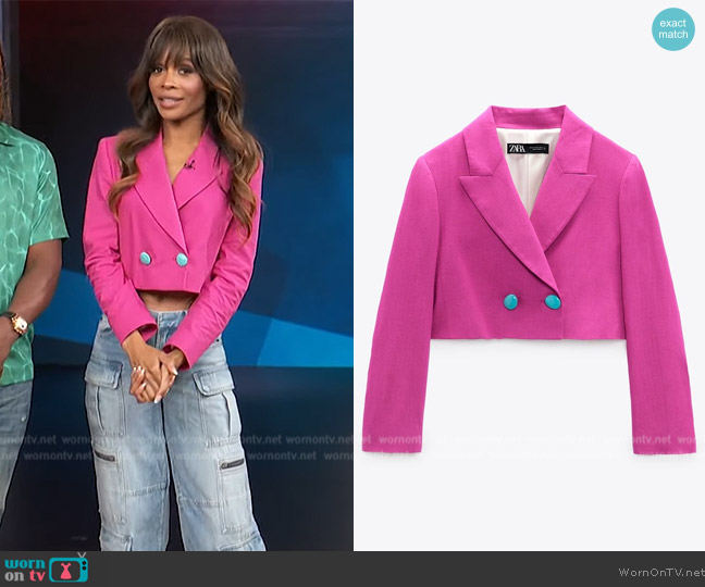 Zara Linen Blend Double Breasted Cropped Blazer worn by Zuri Hall on Access Hollywood