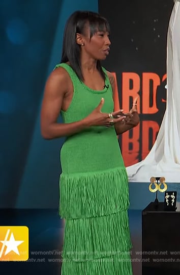Zerina Akers’ green sleeveless fringe dress on Access Hollywood