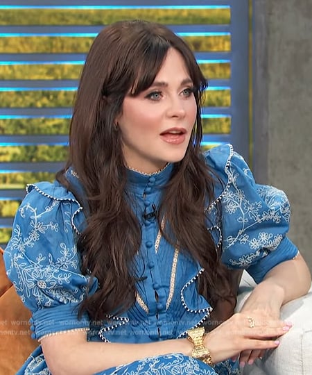 Zooey Deschanel’s blue floral print ruffle dress on Access Hollywood