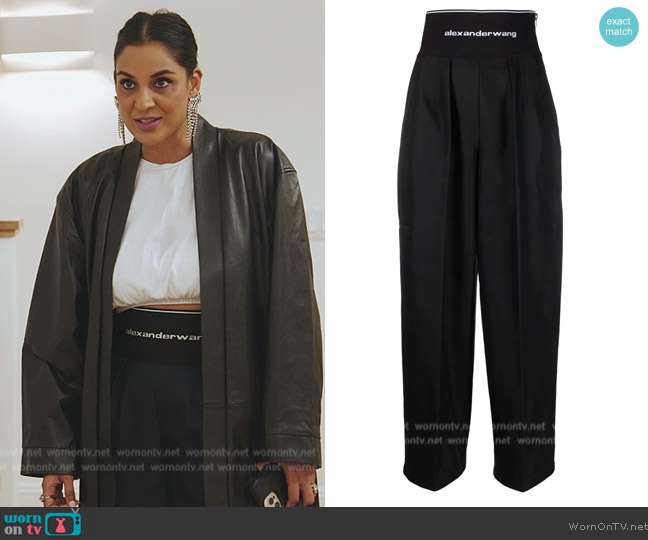 Alexander Wang Logo-waist pressed-crease trousers worn by Jessel Taank on The Real Housewives of New York City