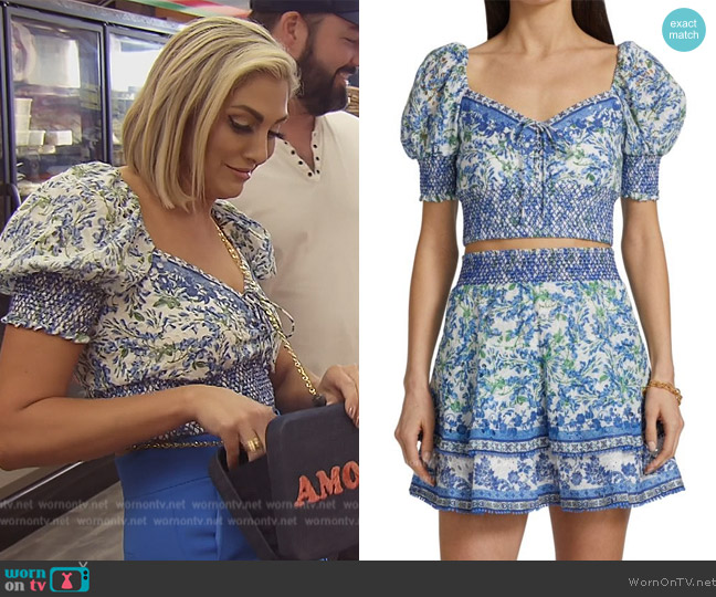 Alice + Olivia Crawford Floral Smocked Cotton Crop Top worn by Gina Kirschenheiter on The Real Housewives of Orange County