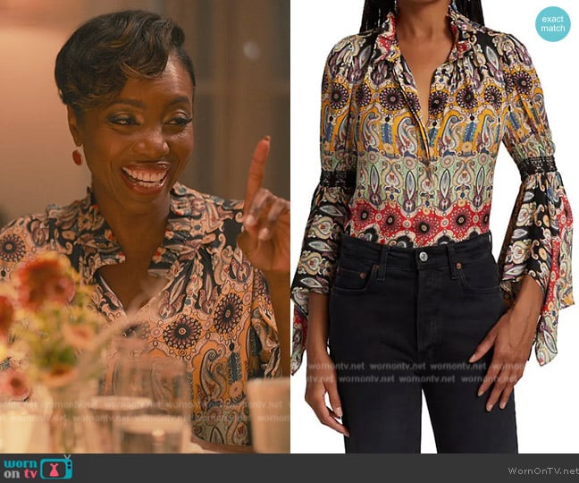 Alice + Olivia Jada Printed Draped Sleeve Top worn by Helen Decatur (Heather Headley) on Sweet Magnolias