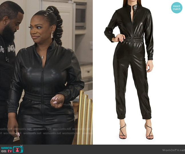Alice + Olivia Levi faux leather jumpsuit worn by Kandi Burruss on The Real Housewives of Atlanta
