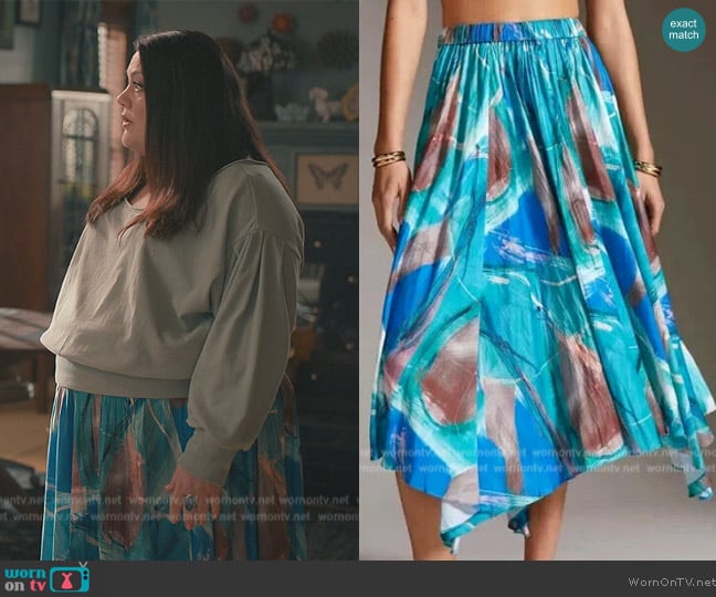 Anthropologie Sleek A-Line Midi Skirt Handkerchief Hem Blue Abstract worn by Dana Sue Sullivan (Brooke Elliott) on Sweet Magnolias