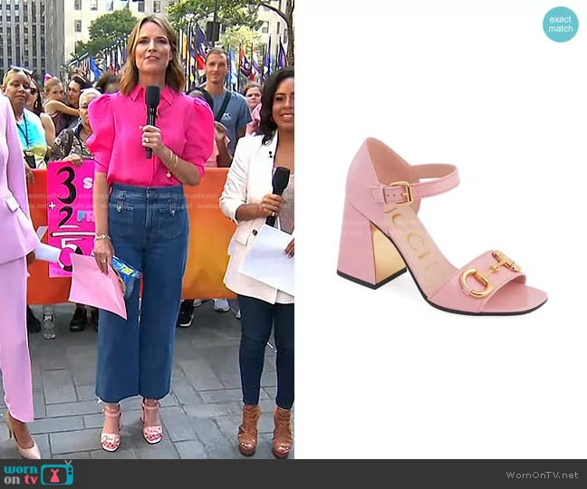 Gucci Baby Buckle Horsebit Ankle-Strap Sandals worn by Savannah Guthrie on Today