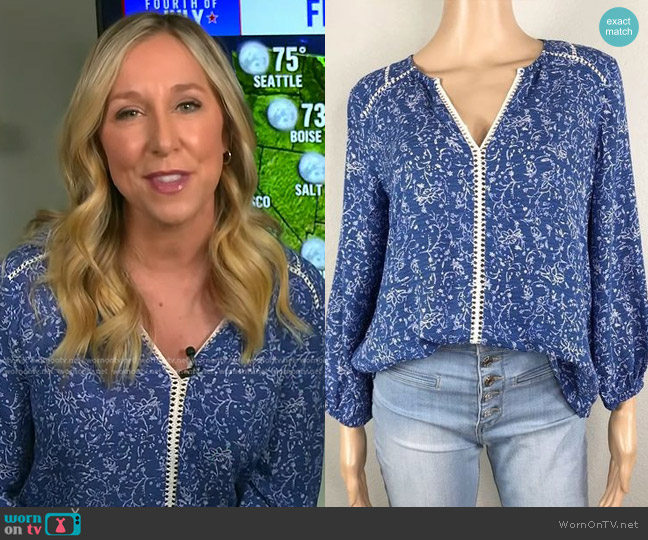 Collective Concepts Travel Lingo Printed Blouse worn by Michelle Grossman on NBC News Daily