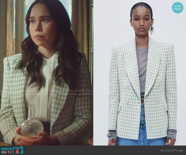Zara Double Breasted Houndstooth Blazer in Sea Green worn by Addy (Rachel Colwell) on Nancy Drew