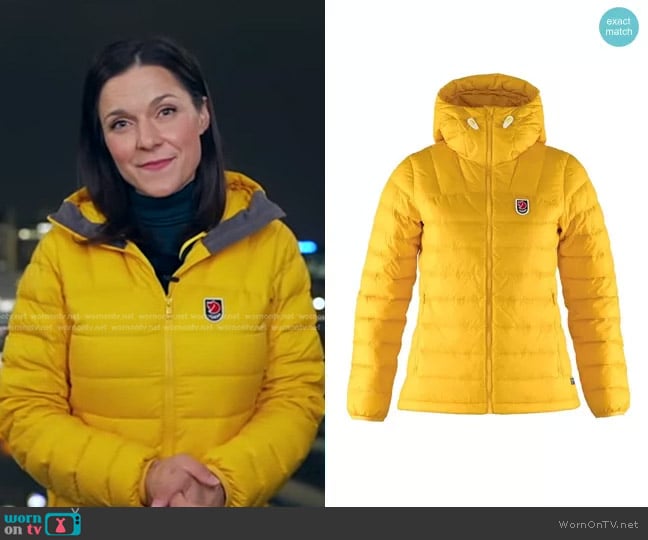 Fjallraven Expedition Pack Down Hoodie in Dandelion worn by Maggie Rulli on Good Morning America