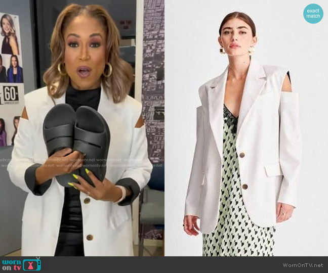 Future Collective with Kahlana Barfield Open Shoulder Oversized Blazer in Brown Cream worn by Val Warner on Good Morning America