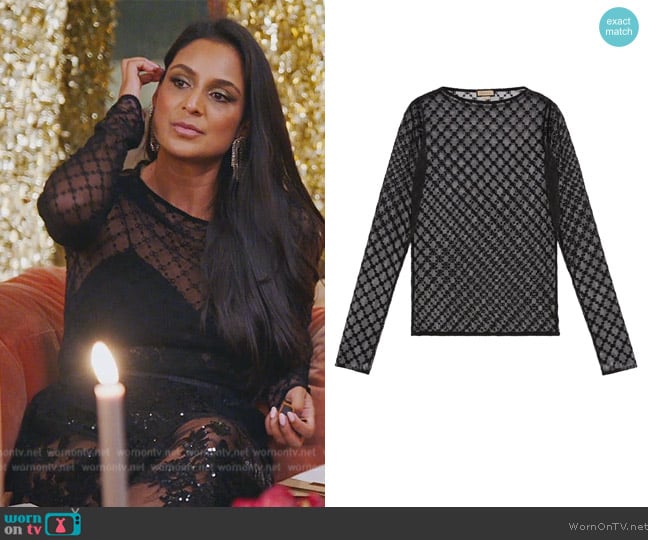 Gucci GG-embroidered tulle blouse worn by Jessel Taank on The Real Housewives of New York City