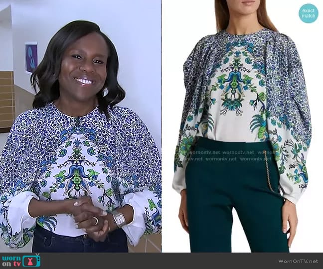 Givenchy Jacaranda Crepe Puff-Sleeve Blouse worn by Deborah Roberts on Good Morning America