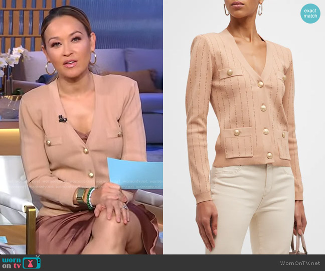 L'Agence Calypso Pointelle Cardigan in Dusty Pink worn by Eva Pilgrim on Good Morning America
