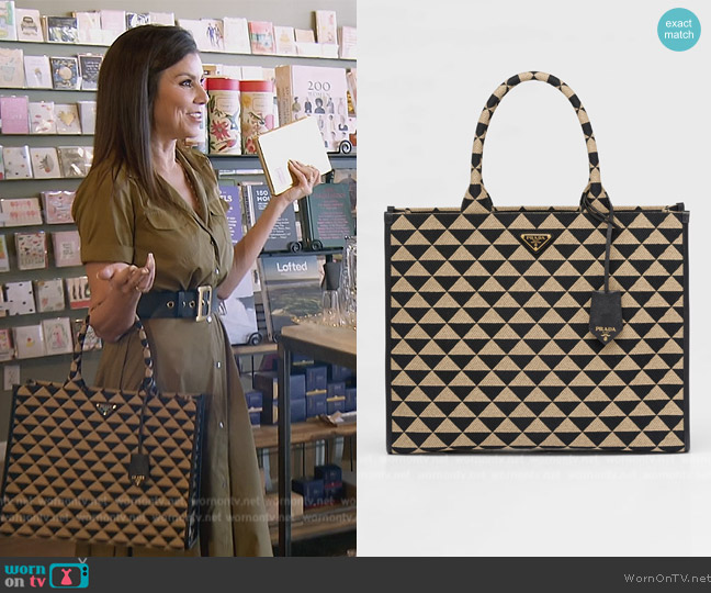 Prada Large Symbole Embroidered Fabric Handbag worn by Heather Dubrow on The Real Housewives of Orange County